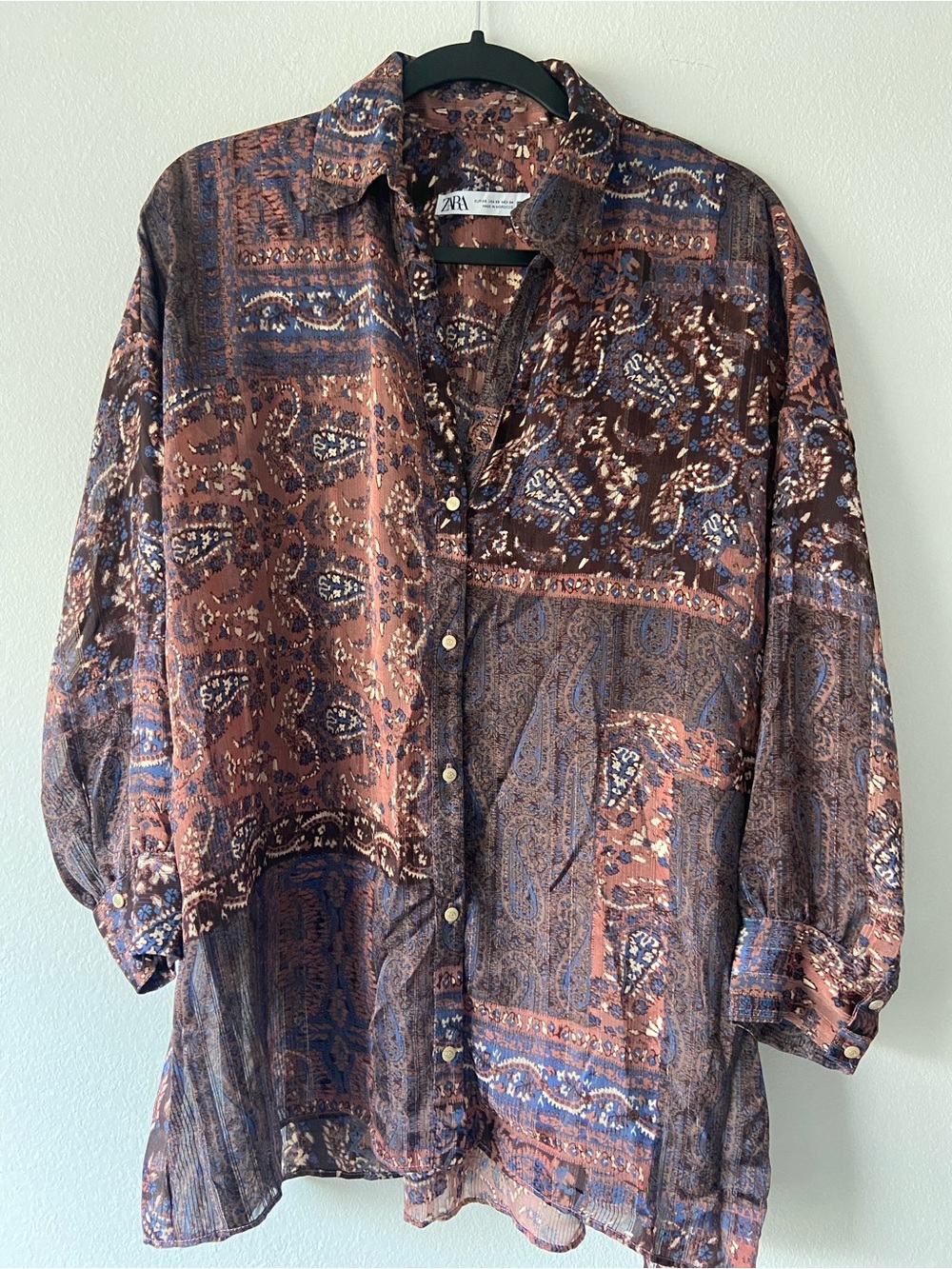 ZARA Paisley Patchwork Print Button Down Boho Blouse Shirt XS